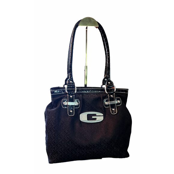 Guess signature black fabric faux leather trim Silver-tone purse Bag handbag - Picture 1 of 11